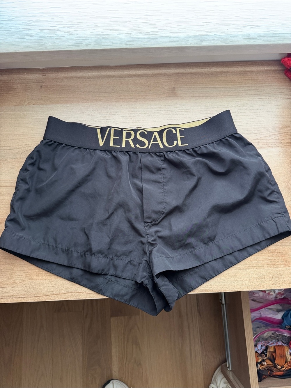 Versace Black Shorts with Gold Logo Waistband